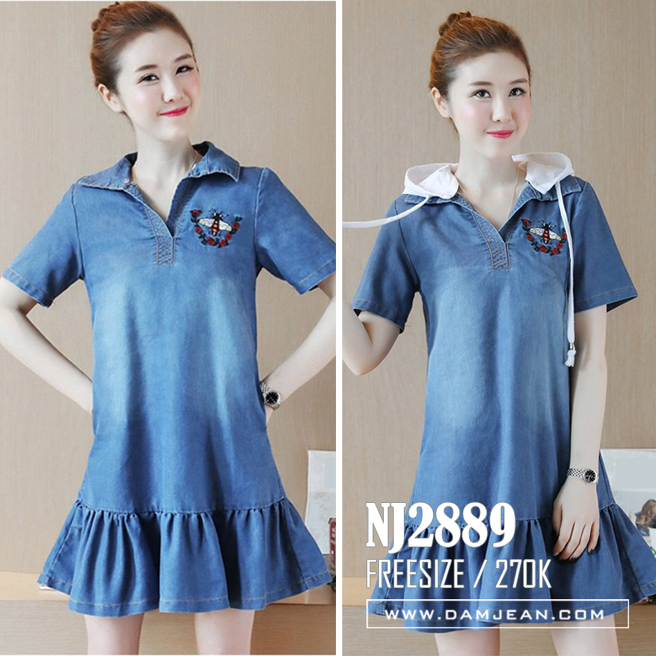ĐẦM JEAN SUÔNG ĐUÔI CÁ PHỐI CỔ SƠ MI TRẮNG RỜI - NJ2889